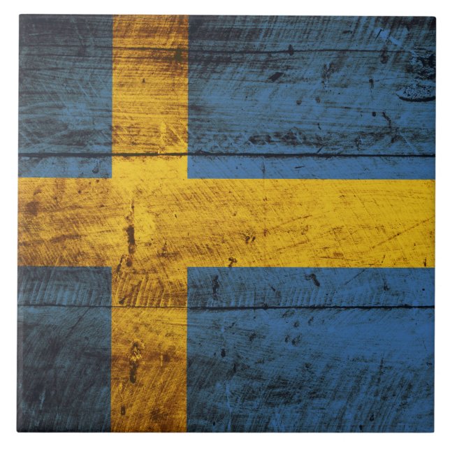 Sweden Flag on Old Wood Grain Tile (Front)