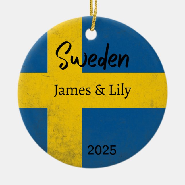Sweden Flag Ornament, Personalised Sweden Ceramic Tree Decoration (Front)