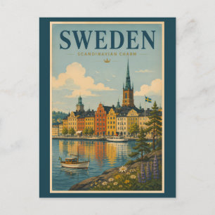 Sweden Landscape Illustration Travel Art Vintage Postcard