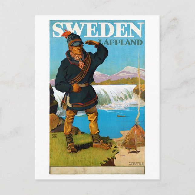 Sweden Lappland Vintage Travel Poster Restored Postcard (Front)