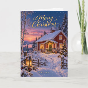 Sweden Red Cottage Merry Christmas Holiday Card