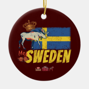 Sweden Vintage Flag Retro Moose Holiday Souvenir Ceramic Tree Decoration