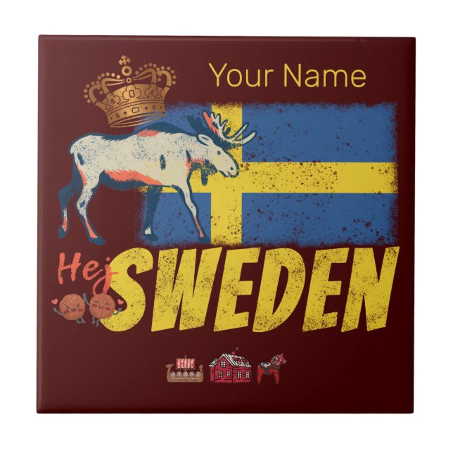 Sweden Vintage Flag Retro Moose Holiday Souvenir Tile (Front)