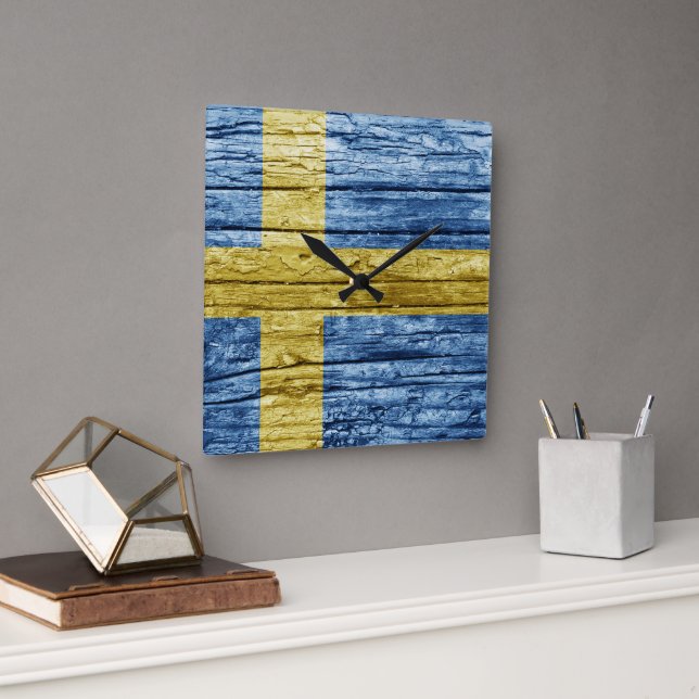Sweden wood flag square wall clock (Office)