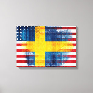 Swedish American Flag   Wood Grain & Paint Strokes Canvas Print