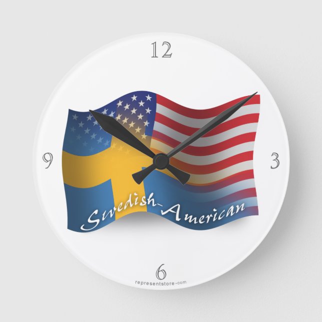 Swedish-American Waving Flag Round Clock (Front)