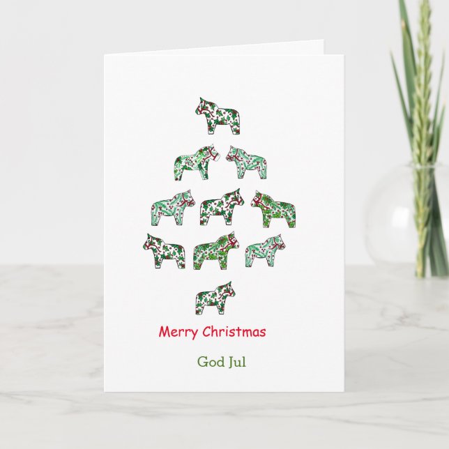 Swedish and English Dala Horse Christmas Tree Card (Front)
