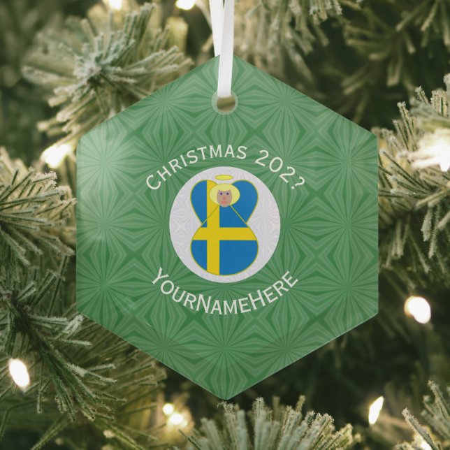 Swedish Angel Christmas Flag Personalized  Glass Tree Decoration (Insitu)
