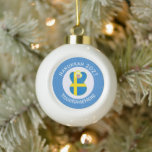 Swedish Angel Hanukkah Flag Personalised  Ceramic Ball Christmas Ornament<br><div class="desc">The blue and yellow Flag of Sweden is worn by an angel on this ceramic ball ornament for holiday and Hanukkah decor. It is designed for families of multiple religions. The Swedish Flag Hanukkah Angel is found inside a circle of white squiggly squares that is surrounded by a background of...</div>