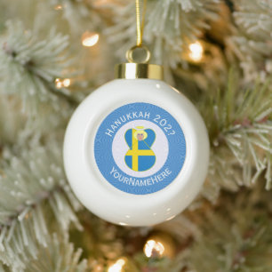 Swedish Angel Hanukkah Flag Personalised  Ceramic Ball Christmas Ornament
