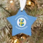 Swedish Angel Hanukkah Flag Personalised  Ornament<br><div class="desc">The blue and yellow Flag of Sweden is worn by an angel on this star shaped ornament for holiday and Hanukkah decor. It is designed for families of multiple religions. The Swedish Flag Hanukkah Angel is found inside a circle of white squiggly squares that is surrounded by a background of...</div>