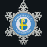 Swedish Angel Hanukkah Flag Personalised  Snowflake Pewter Christmas Ornament<br><div class="desc">The blue and yellow Flag of Sweden is worn by an angel on this snowflake pewter ornament for holiday and Hanukkah decor. It is designed for families of multiple religions. The Swedish Flag Hanukkah Angel is found inside a circle of white squiggly squares that is surrounded by a background of...</div>