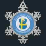 Swedish Angel Hanukkah Flag Personalised  Snowflake Pewter Christmas Ornament<br><div class="desc">The blue and yellow Flag of Sweden is worn by an angel on this snowflake pewter ornament for holiday and Hanukkah decor. It is designed for families of multiple religions. The Swedish Flag Hanukkah Angel is found inside a circle of white squiggly squares that is surrounded by a background of...</div>