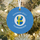 Swedish Angel Hanukkah Flag Personalized  Metal Tree Decoration<br><div class="desc">The blue and yellow Flag of Sweden is worn by an angel on this round metal ornament for holiday and Hanukkah decor. It is designed for families of multiple religions. The Swedish Flag Hanukkah Angel is found inside a circle of white squiggly squares that is surrounded by a background of...</div>