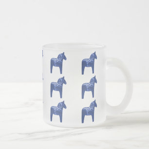 Swedish Blue Dala Horse Pattern Frosted Glass Coffee Mug
