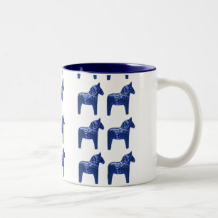 Swedish Blue Dala Horse Pattern Scandinavian Two-Tone Coffee Mug