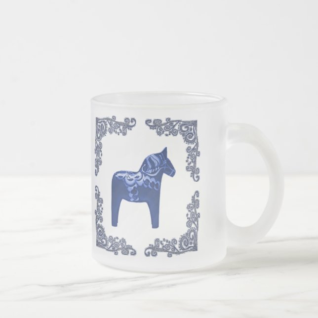 Swedish Bue Dala Horse with Blue Delft Scroll Frosted Glass Coffee Mug (Right)