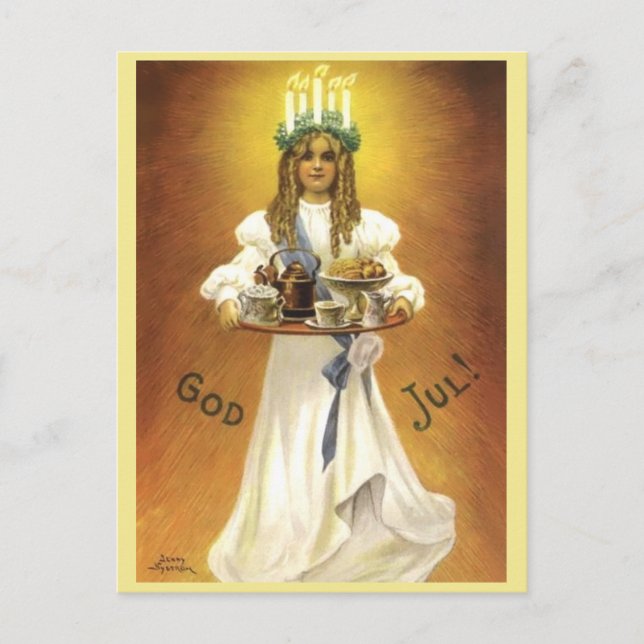 Swedish Christmas Girl Lit Candle Wreath on Head Postcard (Front)