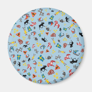 Swedish culture items on blue background magnet