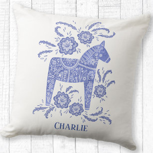 Swedish Dala Horse Art Blue Custom Name Cushion