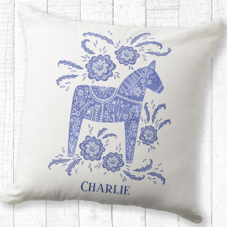 Swedish Dala Horse Art Blue Custom Name Cushion