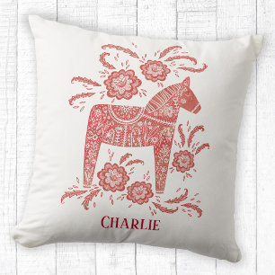 Swedish Dala Horse Art Custom Name Cushion