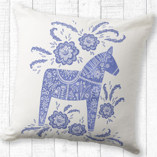 Swedish Dala Horse Art Periwinkle Blue Cushion