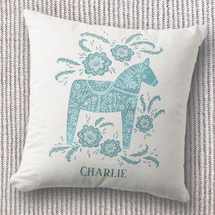Swedish Dala Horse Art Teal Custom Name Cushion