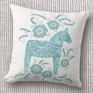 Swedish Dala Horse Art Teal Green Cushion