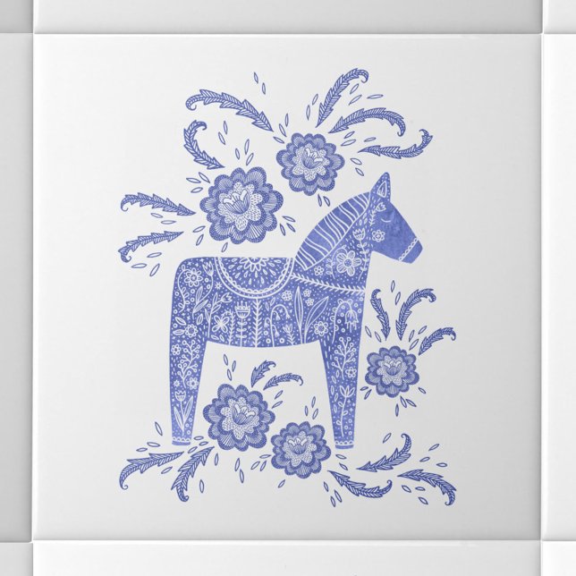 Swedish Dala Horse Blue and White Ceramic Tile (Swedish Dala Horse blue and white art ceramic tile)