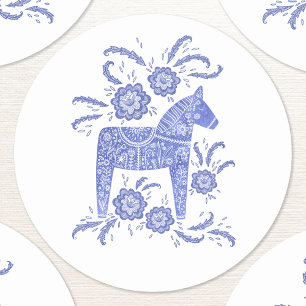 Swedish Dala Horse Blue and White Classic Round Sticker