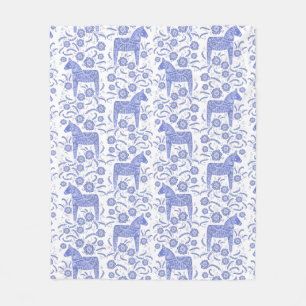 Swedish Dala Horse Blue and White Fleece Blanket