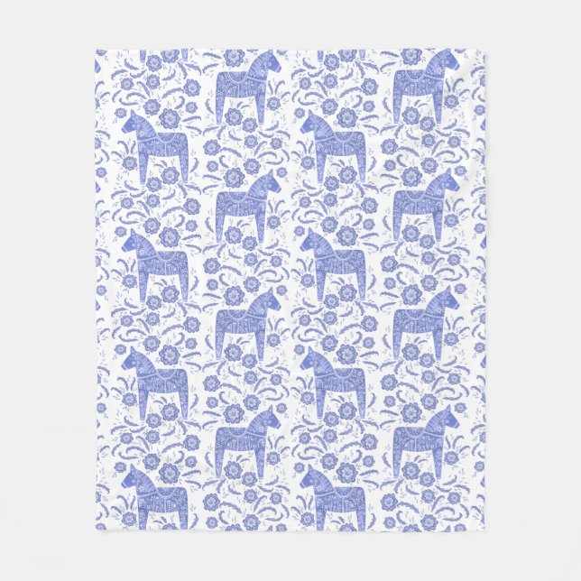Swedish Dala Horse Blue and White Fleece Blanket (Front)