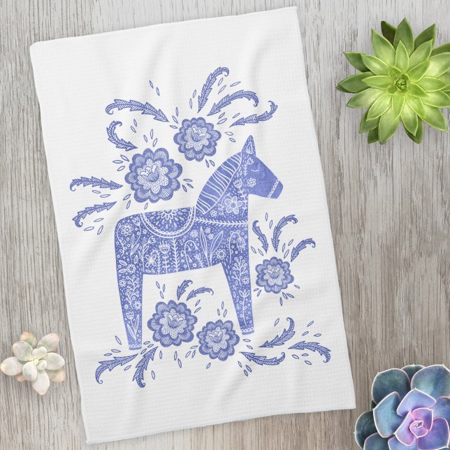 Swedish Dala Horse Blue and White Kitchen Towel (Blue and white Swedish Dala Horse folk art kitchen tea towel)