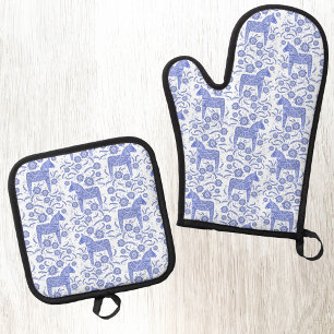 Swedish Dala Horse Blue and White Oven Mitt & Pot Holder Set