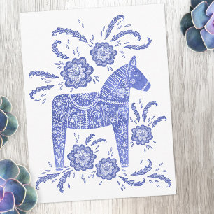 Swedish Dala Horse Blue and White Postcard
