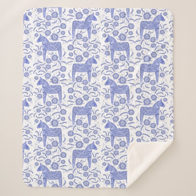 Swedish Dala Horse Blue and White Sherpa Blanket (Front)