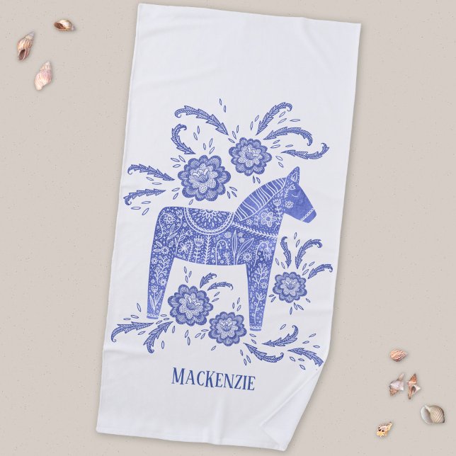 Swedish Dala Horse Blue Custom Name Beach Towel (Swedish Dala Horse folk art blue and white personalized name beach towel)