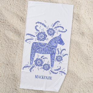 Swedish Dala Horse Blue Custom Name Beach Towel