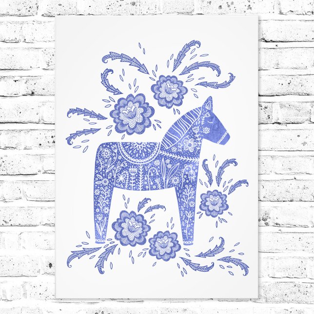 Swedish Dala Horse Blue Folk Art Photo Print (Swedish Dala Horse folk art blue and white art print)