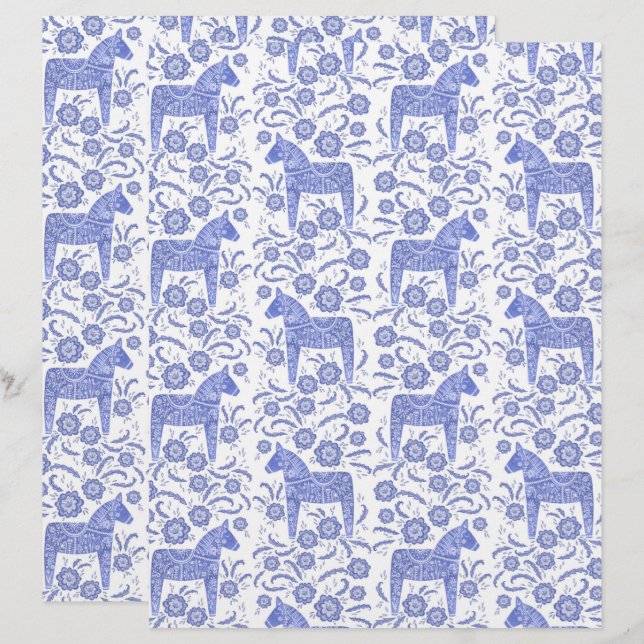 Swedish Dala Horse Blue Folk Art Scrapbook Paper (Front/Back)