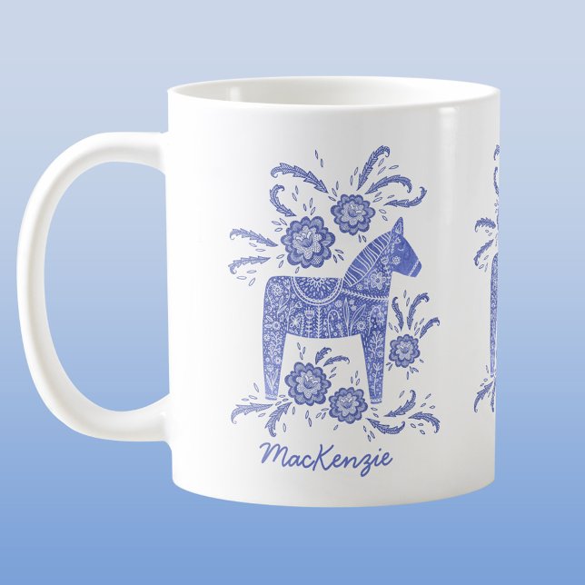 Swedish Dala Horse Blue Personalised Coffee Mug (Swedish Dala horse blue and white personalized custom name coffee mug)