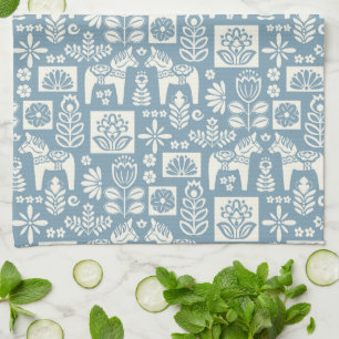 Swedish Dala Horse Collage in Slate Blue Tea Towel