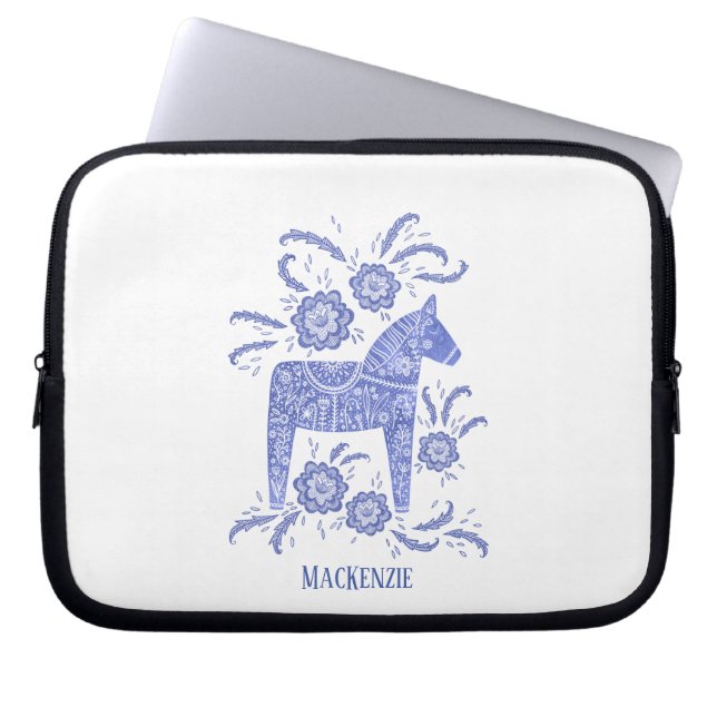 Swedish Dala Horse Custom Name Blue Laptop Sleeve (Front)