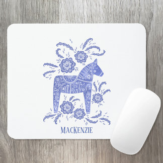 Swedish Dala Horse Custom Name Blue Mouse Pad