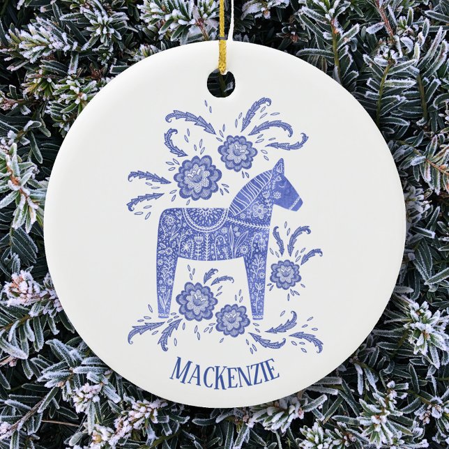 Swedish Dala Horse Custom Name Indigo Blue Ceramic Tree Decoration (Swedish Dala Horse blue and white personalized name ornament)