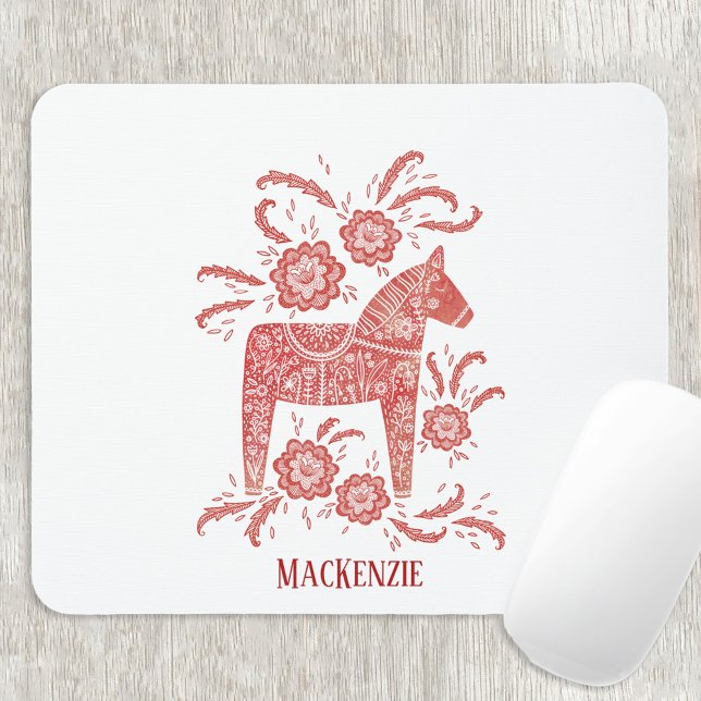 Swedish Dala Horse Custom Name Mouse Mat (Swedish Dala Horse red and white personalized name mousemat)