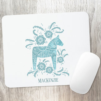 Swedish Dala Horse Custom Name Teal Mouse Mat