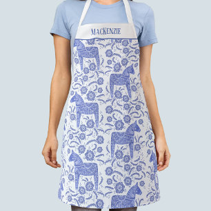 Swedish Dala Horse Folk Art Blue Custom Name Apron