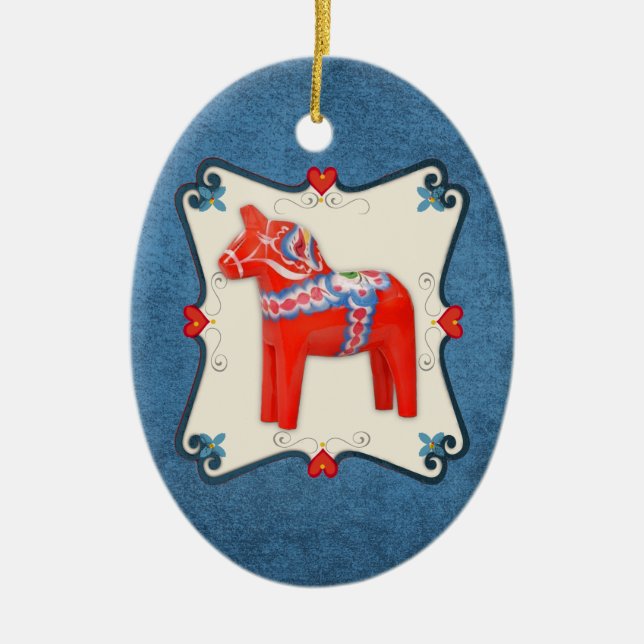 Swedish Dala Horse Folk Art Framed Ceramic Tree Decoration (Front)